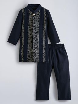 Hopscotch - Navy Blue Embroidered Kurta and Pyjama