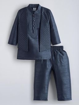 Hopscotch - Grey Embroidered Kurta with Jacket and Pyjama