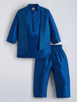 Hopscotch - Navy Blue Embroidered Kurta with Jacket and Pyjama