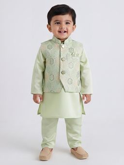 Hopscotch - Green Embroidered Kurta with Nehru Jacket and Pyjama