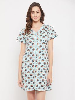 Clovia - Printed Button Me Up Short Nightdress in Pure Cotton Blue