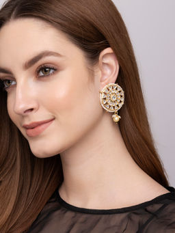 Indya - Gold White Pearl Kundan Stud Earrings