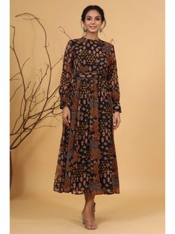 Juniper - Black Ethnic Motif Printed Chiffon Flared Maxi Dress with Buttons.