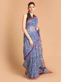 Indethnic - Navy Blue Floral Super Net Saree with Unstitched Blouse