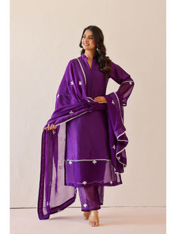 Masoomm - Deep Purple Dandelion Embroidered Kurta with Pant and Dupatta (Set of 3)