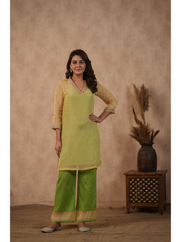 Masoomm - Green Organza Lace Work Kurta with Inner and Pant (Set of 3)