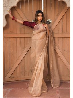 POMCHA - Gold Brown Organza Saree With Unstitched Blouse