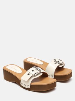 PAZZION - Women's Beige Pat Buckle Sandals Heels