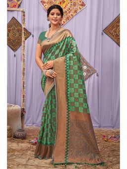 Sangam Prints - Green Cotton Woven Zari Work Traditional Tassel Saree with Unstitched Blouse
