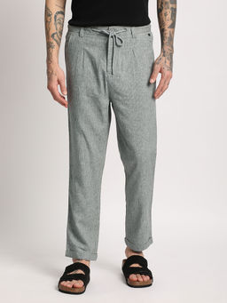 The Bear House - Men Grey Vertical Striped Tapered Fit Casual Trouser