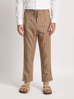 The Bear House - Men Brown Vertical Striped Tapered Fit Casual Trouser