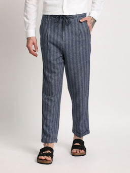 The Bear House - Men Navy Blue Vertical Striped Tapered Fit Casual Trouser