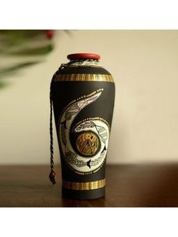ExclusiveLane - 10 Inch Terracotta Handpainted Madhubani Round Shaped Vase In Black