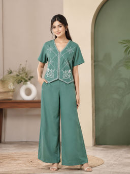 WE'AVE BY SHUBHKARI - Women Green Linen Embroidered Co-Ord Set