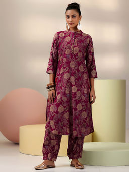 Libas - Maroon Floral Printed Long Kurta with Floral Printed Salwar (Set of 2)