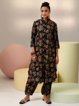 Libas - Black Floral Printed Long Kurta with Floral Printed Salwar (Set of 2)