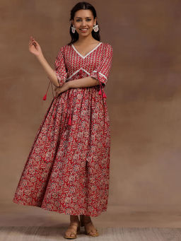 Libas - Pink Floral Printed Pleated A-Line Dress