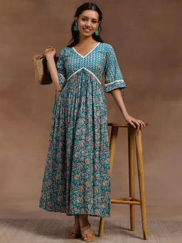 Libas - Green Floral Printed Pleated A-Line Dress