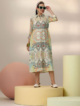 Libas - Off White Ethnic Motif Printed Panelled A-Line Dress