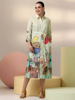 Libas - Off White Floral Printed Panelled Linen Dress with Waistbelt (Set of 2)