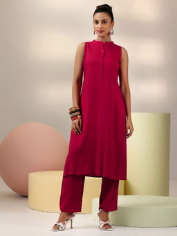 Libas - Red Solid Sleeveless Long Kurta with Solid Straight Palazzo (Set of 2)