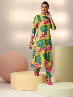 Libas - Green Floral Printed Front Open Long Tunic with Floral Printed Trouser (Set of 2)