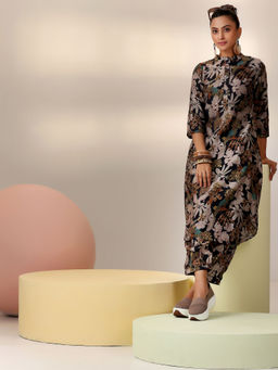 Libas - Black Floral Printed Long Tunic with Curved Hem & Floral Printed Salwar (Set of 2)