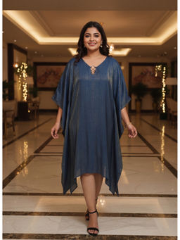 Qurvii - Navy Blue Silk Blend Kaftan With Neck Embellishment Dress