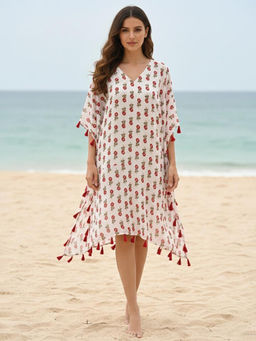 Qurvii - V Neck Printed Long Kaftan White Dress