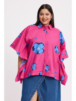 Virgio - Blue Floral Cotton Kimono Sleeves Boxy Cropped Plus Size Shirt