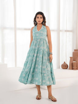 GOODHAND - Women's Pure Cotton Tiered Green Dress