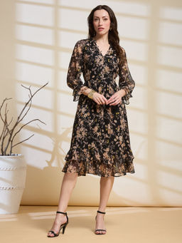 Latin Quarters - Women'S Black Printed V-Neck Casual Fit and Flare Dress