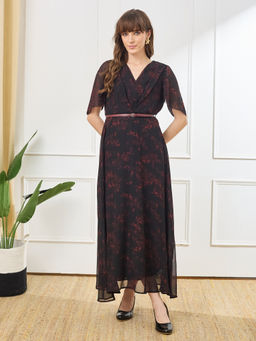 Latin Quarters - Women'S Black Printed V-Neck Half Sleeve Casual A-Line Dress with Belt