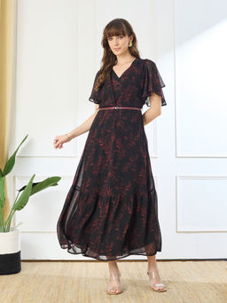 Latin Quarters - Women'S Black Printed V-Neck Flare Dress with Belt