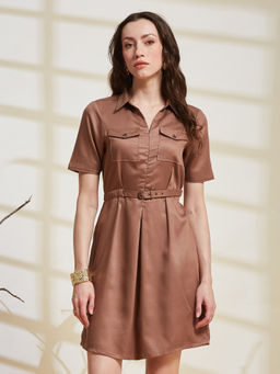 Latin Quarters - Women'S Brown Solid Shirt Collar Casual Shirt Dress with Belt