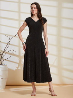 Latin Quarters - Women'S Black Shimmery V-Neck Cap Sleeve Party Fit and Flare Dress