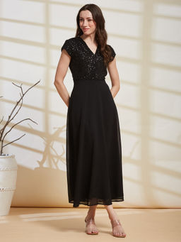 Latin Quarters - Women'S Black Embellished V-Neck Cap Sleeve Party Fit and Flare Dress