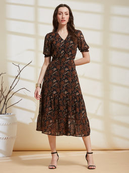 Latin Quarters - Women'S Brown Printed V-Neck Half Sleeve Casual A-Line Dress