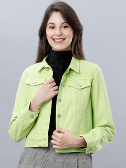 TOKYO TALKIES - Women Green Solid Crop Denim Jacket