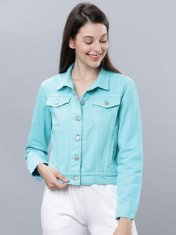 TOKYO TALKIES - Women Turquoise Blue Solid Denim Jacket