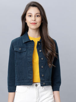 TOKYO TALKIES - Women Navy Blue Solid Denim Jacket
