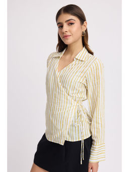 Virgio - Yellow Striped Cotton Wrap Style Long Sleeve Top