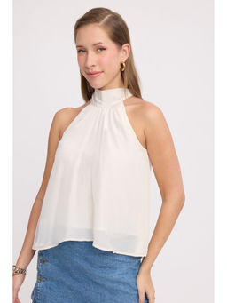 Virgio - Off White Solid Viscose Halter Neck Tie-Up Flowy Top