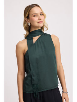 Virgio - Green Solid Viscose One Shoulder Neck Sash Top