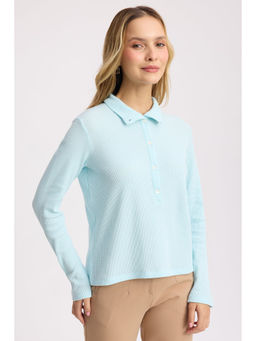 Virgio - Blue Solid Cotton Collared Relaxed Knit T-Shirt