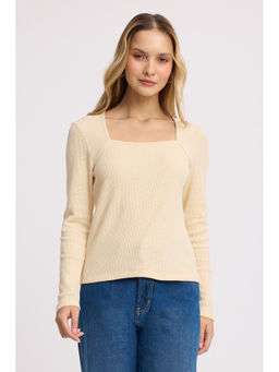 Virgio - Beige Solid Cotton Raglan Sleeve Fitted Knit Top