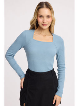 Virgio - Blue Solid Cotton Raglan Sleeve Fitted Knit Top