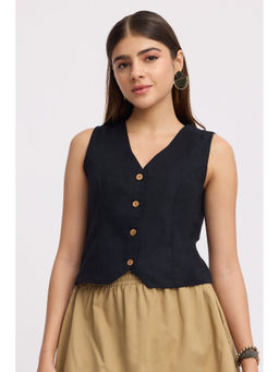Virgio - Black Solid Cotton V-Neck Waistcoat for Women Top