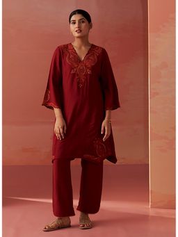 Lakshita - Maroon Embroidered Kurta with Pant (Set of 2)