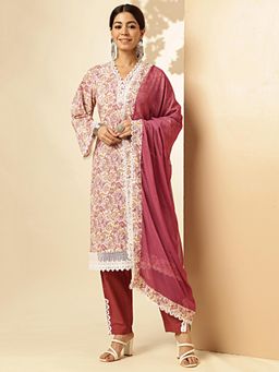 Vbuyz - Womens Floral Printed Straight Cotton Kurta with Pant and Dupatta (Set of 3)